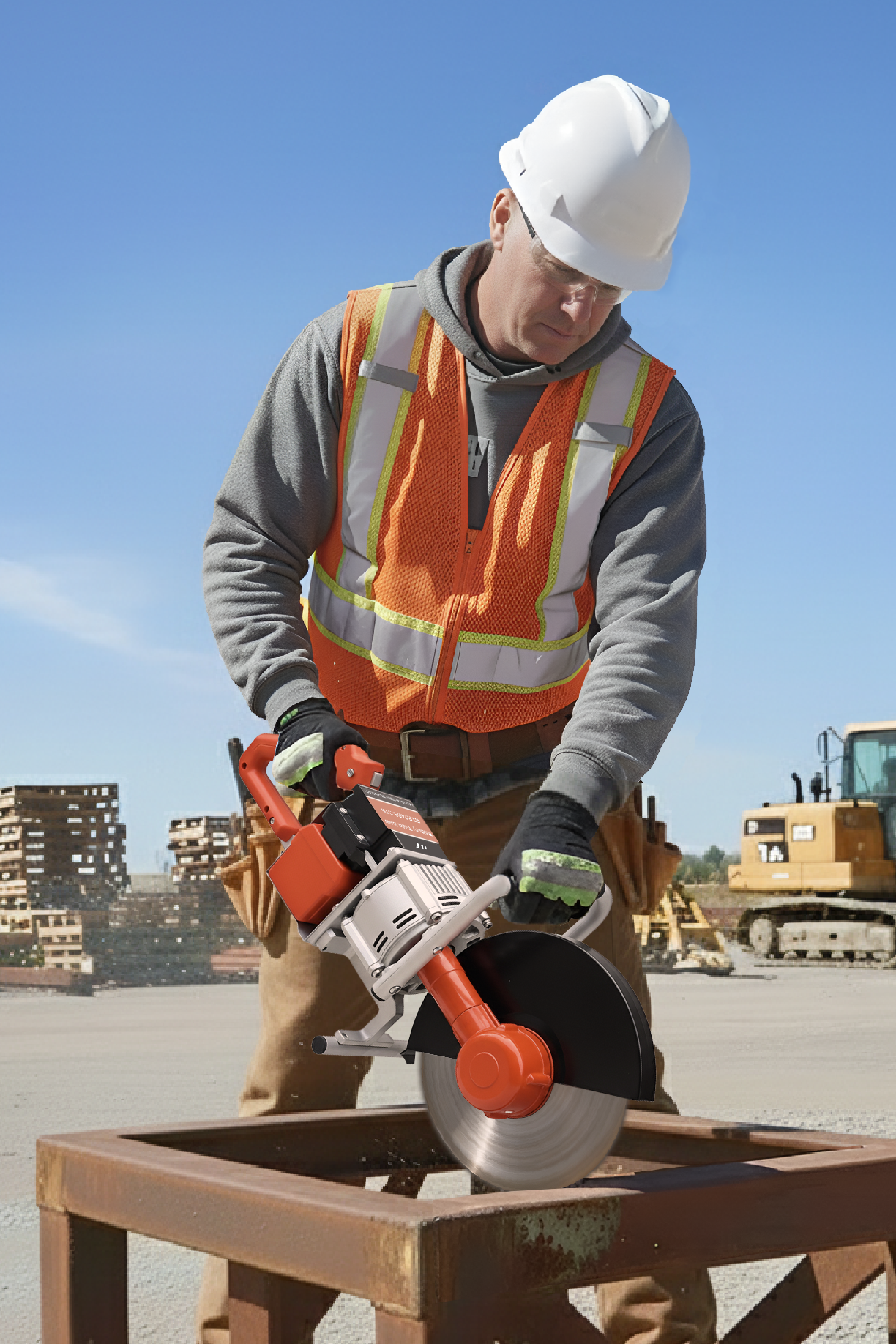 Twin saw cutting steel on construction site
