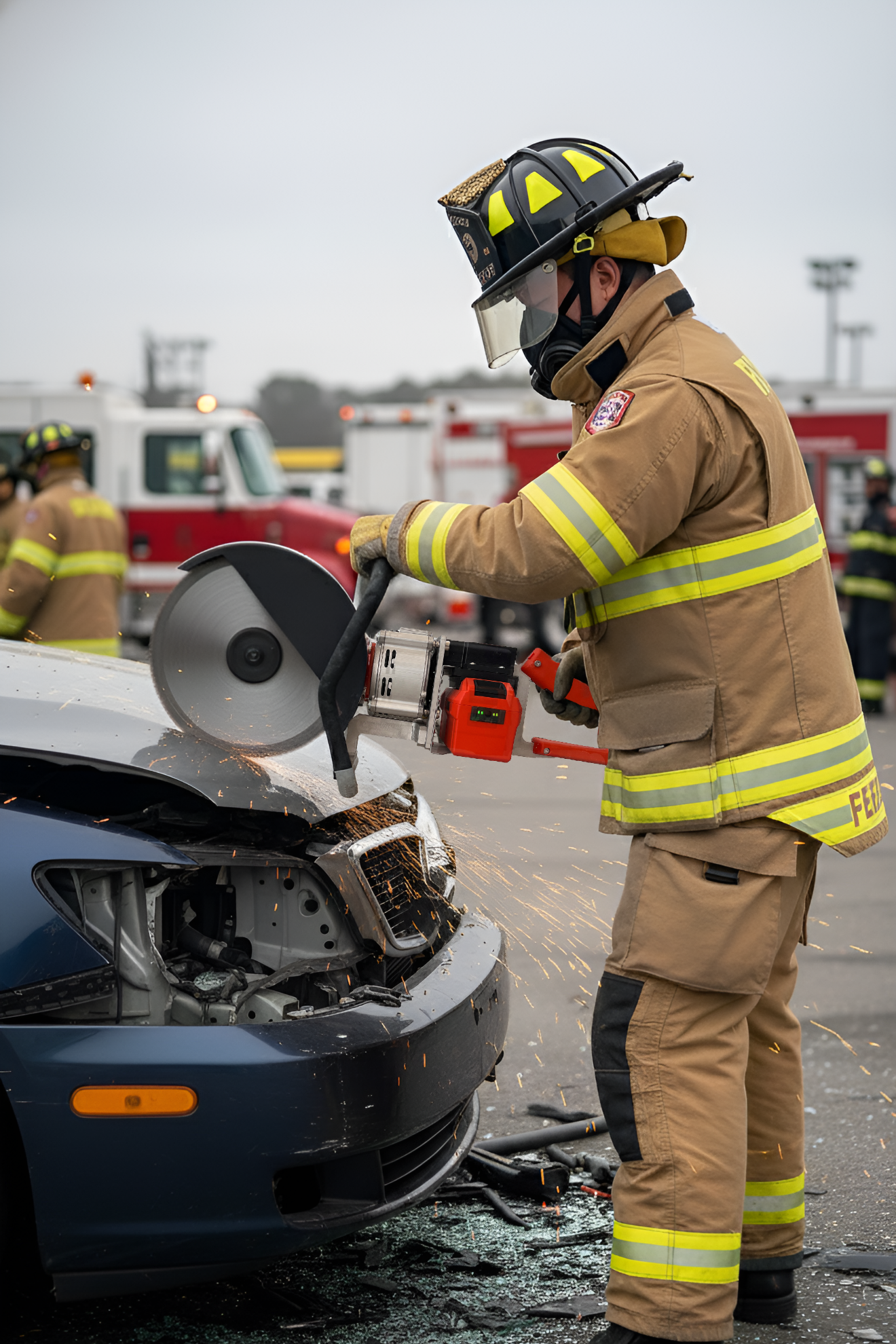 Firefighter using Track Max cutter on vehicle